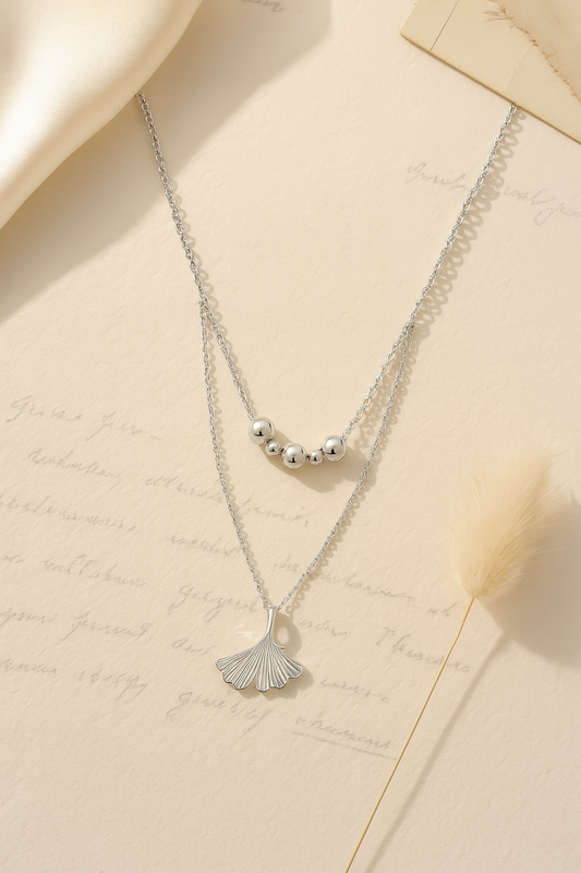925 Sterling Silver Ginkgo Leaf Pendant Necklace with Dual Chain & Polished Beads