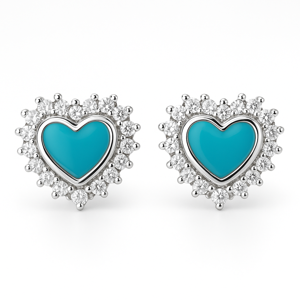 925 Sterling Silver Heart Stud Earrings with Turquoise Enamel & CZ Halo