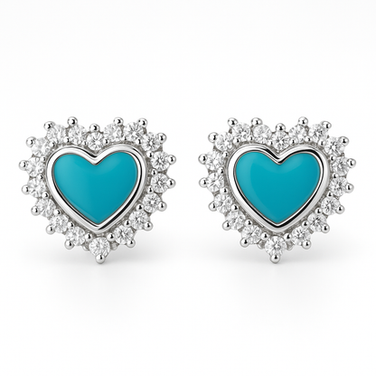 925 Sterling Silver Heart Stud Earrings with Turquoise Enamel & CZ Halo