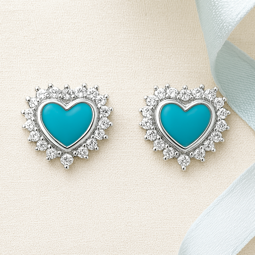 925 Sterling Silver Heart Stud Earrings with Turquoise Enamel & CZ Halo