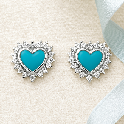 925 Sterling Silver Heart Stud Earrings with Turquoise Enamel & CZ Halo