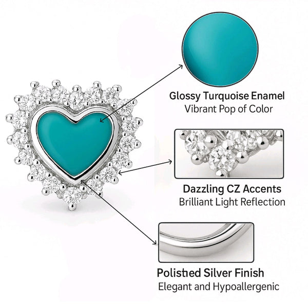 925 Sterling Silver Heart Stud Earrings with Turquoise Enamel & CZ Halo