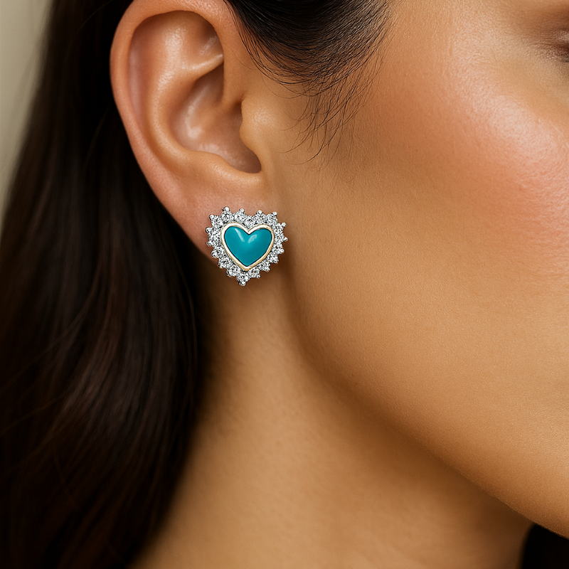925 Sterling Silver Heart Stud Earrings with Turquoise Enamel & CZ Halo