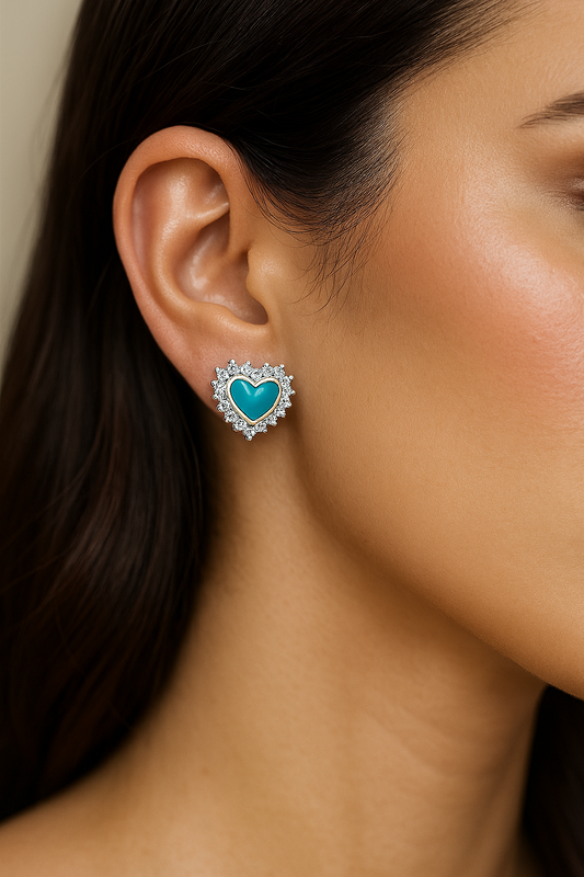 925 Sterling Silver Heart Stud Earrings with Turquoise Enamel & CZ Halo