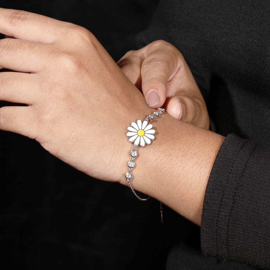 925 Silver Daisy Flower Bracelet with White Petals & CZ Beads