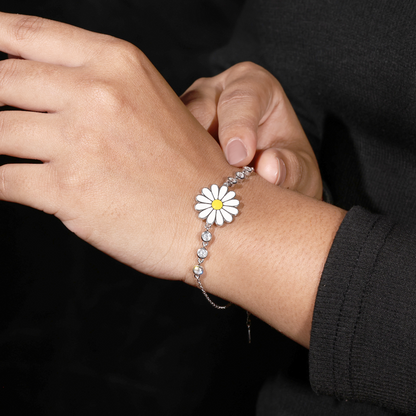 925 Silver Daisy Flower Bracelet with White Petals & CZ Beads