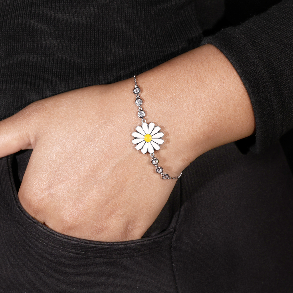 925 Silver Daisy Flower Bracelet with White Petals & CZ Beads