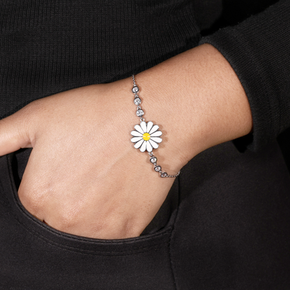 925 Silver Daisy Flower Bracelet with White Petals & CZ Beads