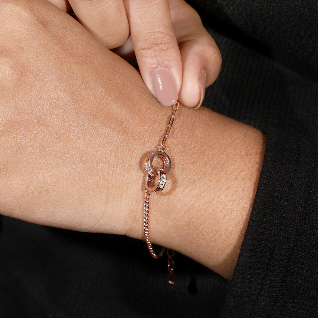 925 Silver Rose Gold Plated Interlocking Circle Bracelet with CZ Stones