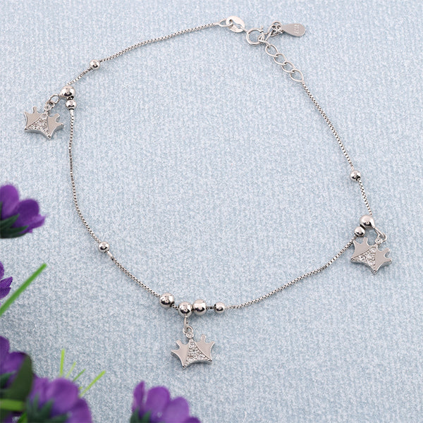 925 Silver Crown Charm Anklet with CZ Accents – Adjustable Beaded Chain Foot Bracelet (single)