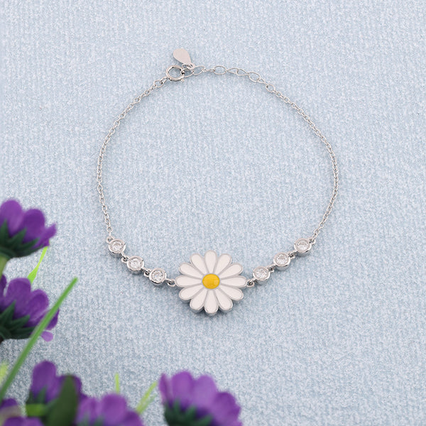 925 Silver Daisy Flower Bracelet with White Petals & CZ Beads