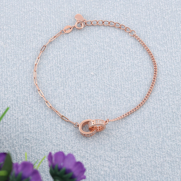 925 Silver Rose Gold Plated Interlocking Circle Bracelet with CZ Stones