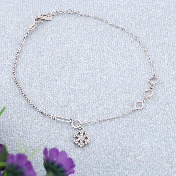 925 Silver Clover Link & CZ Pendant Anklet – Elegant Adjustable Sterling Silver Chain (single)