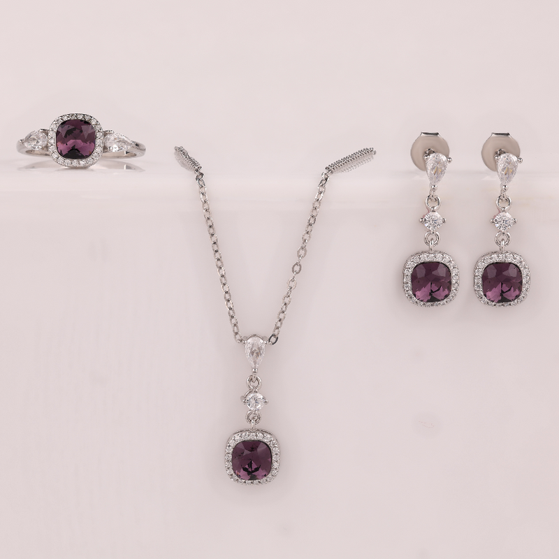 925 Silver Purple Stone Jewelry Set – Earrings, Pendant Necklace & Ring ( 8 .no )