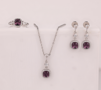 925 Silver Purple Stone Jewelry Set – Earrings, Pendant Necklace & Ring ( 8 .no )