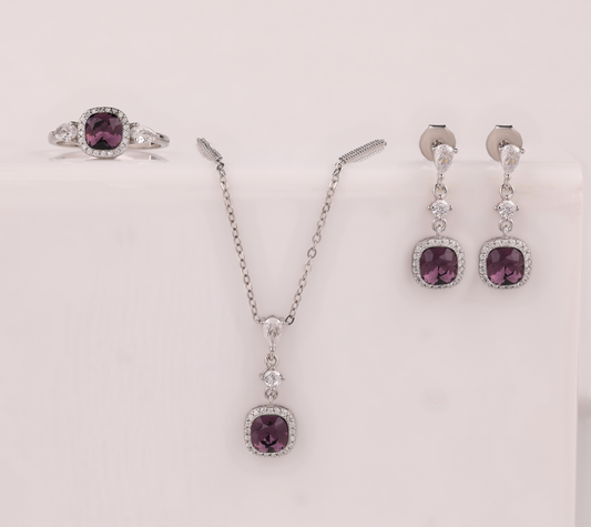925 Silver Purple Stone Jewelry Set – Earrings, Pendant Necklace & Ring ( 8 .no )