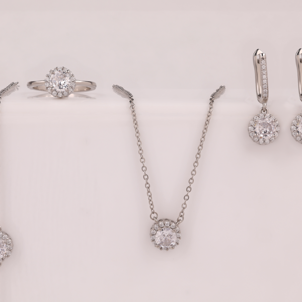 925 Silver Round Halo CZ Jewelry Set – Earrings, bracelet ,  Pendant Necklace & Ring ( 8 .no )