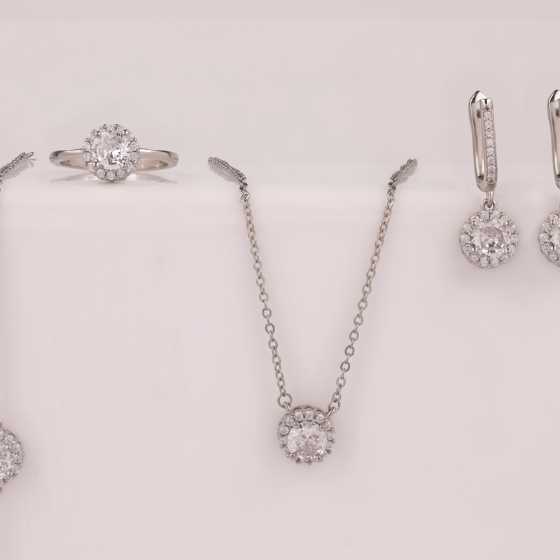925 Silver Round Halo CZ Jewelry Set – Earrings, bracelet ,  Pendant Necklace & Ring ( 8 .no )