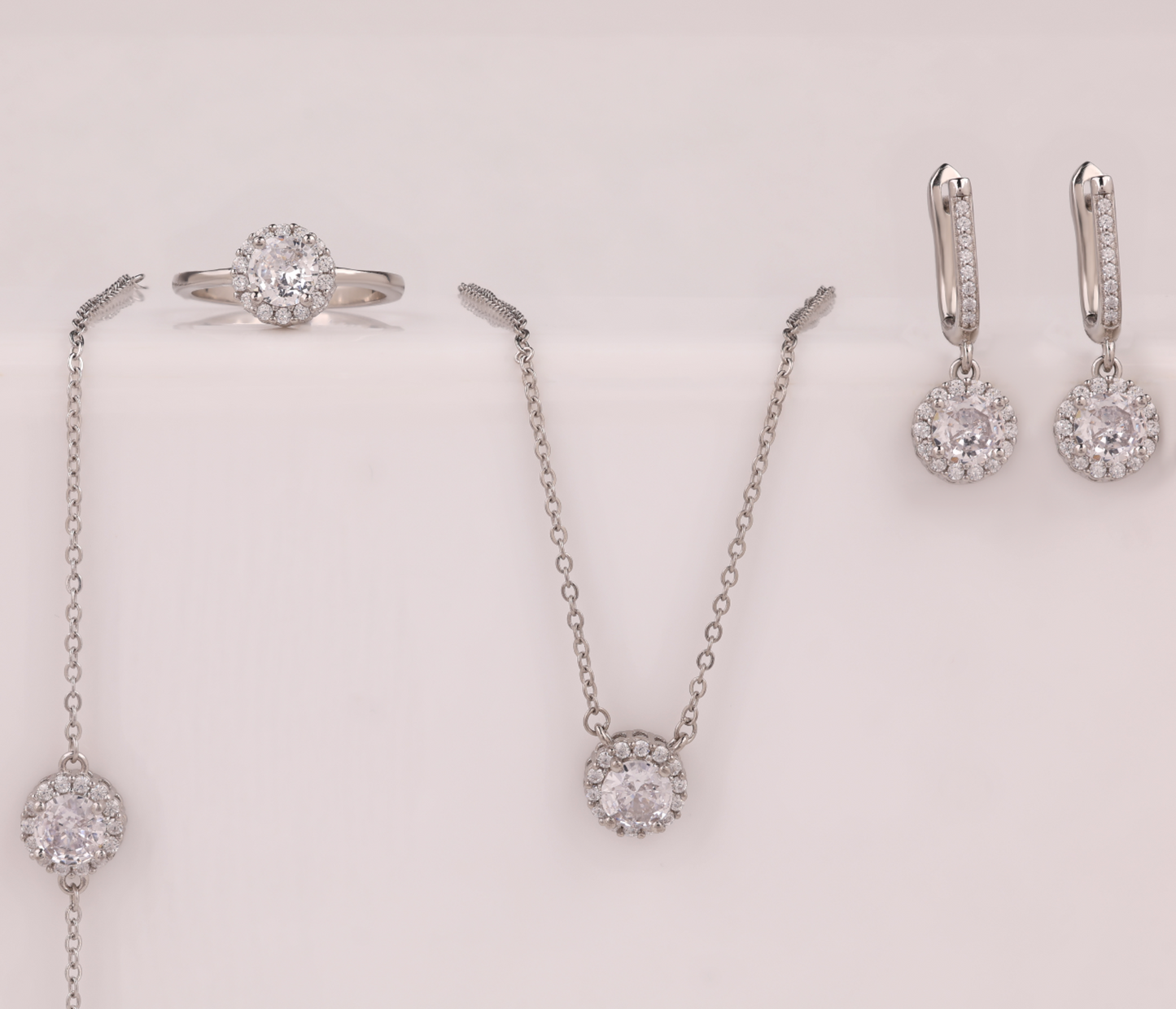 925 Silver Round Halo CZ Jewelry Set – Earrings, bracelet ,  Pendant Necklace & Ring ( 8 .no )