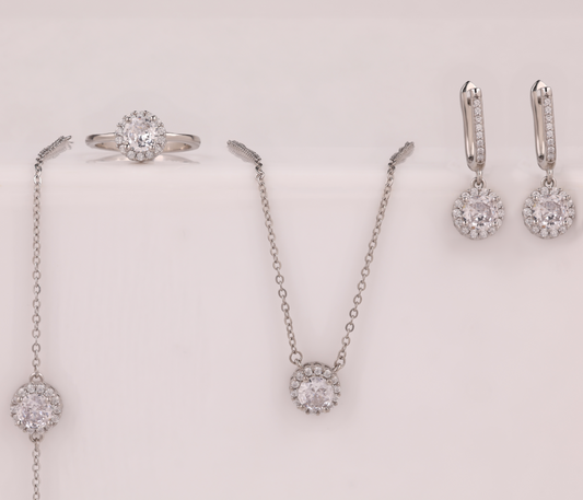 925 Silver Round Halo CZ Jewelry Set – Earrings, bracelet ,  Pendant Necklace & Ring ( 8 .no )