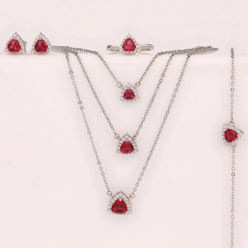 925 Silver Red Gemstone Jewelry Set – Earrings, Ring ( 7 .no ) , Layered Necklaces & Bracelet