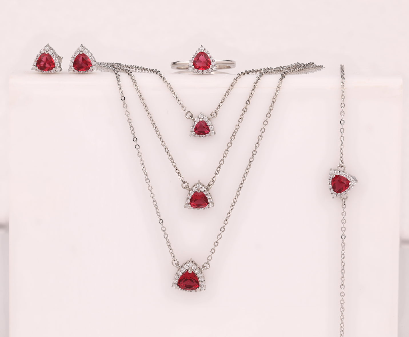 925 Silver Red Gemstone Jewelry Set – Earrings, Ring ( 7 .no ) , Layered Necklaces & Bracelet