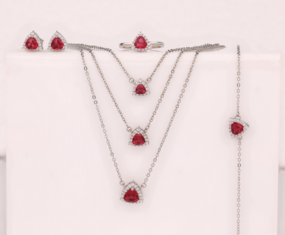 925 Silver Red Gemstone Jewelry Set – Earrings, Ring ( 7 .no ) , Layered Necklaces & Bracelet