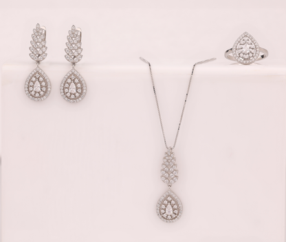 925 Silver Pear-Shaped CZ Jewelry Set – Earrings, Pendant Necklace & Ring ( 6 .no )