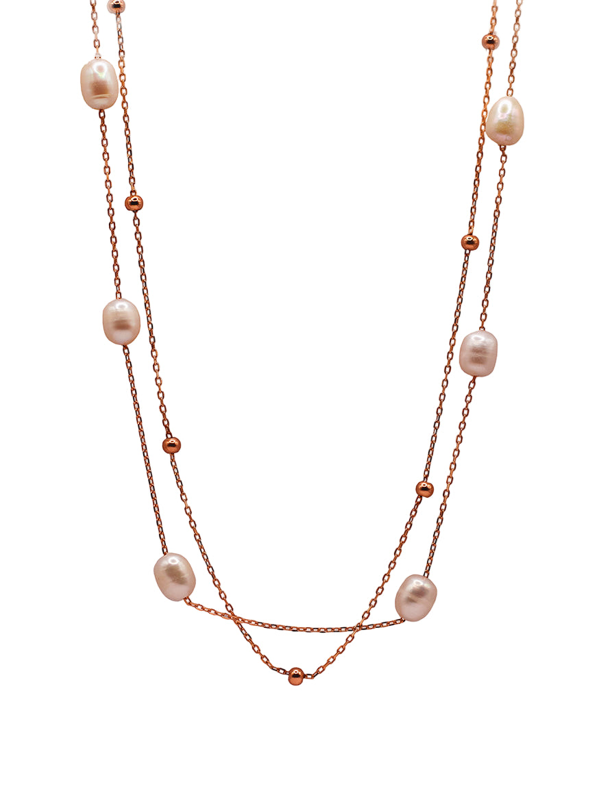 925 Sterling Silver Rose Gold Double Layer Necklace with Freshwater Pearls