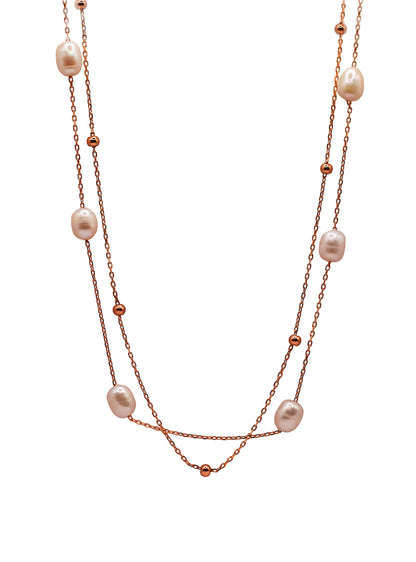 925 Sterling Silver Rose Gold Double Layer Necklace with Freshwater Pearls