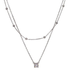 925 Sterling Silver Double Layer Necklace with Solitaire Pendant & Silver Beads