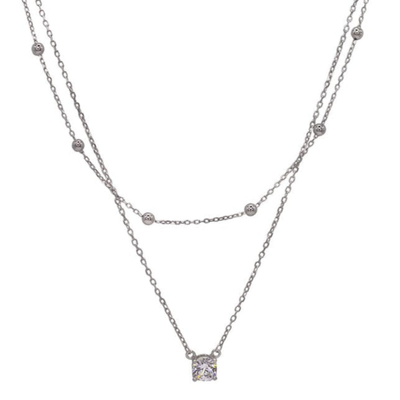 925 Sterling Silver Double Layer Necklace with Solitaire Pendant & Silver Beads