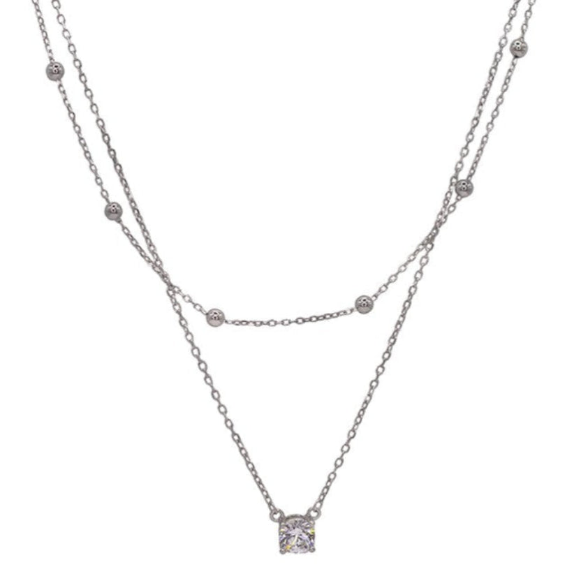 925 Sterling Silver Double Layer Necklace with Solitaire Pendant & Silver Beads
