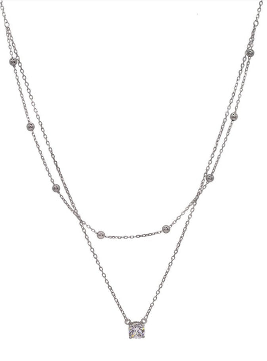 925 Sterling Silver Double Layer Necklace with Solitaire Pendant & Silver Beads
