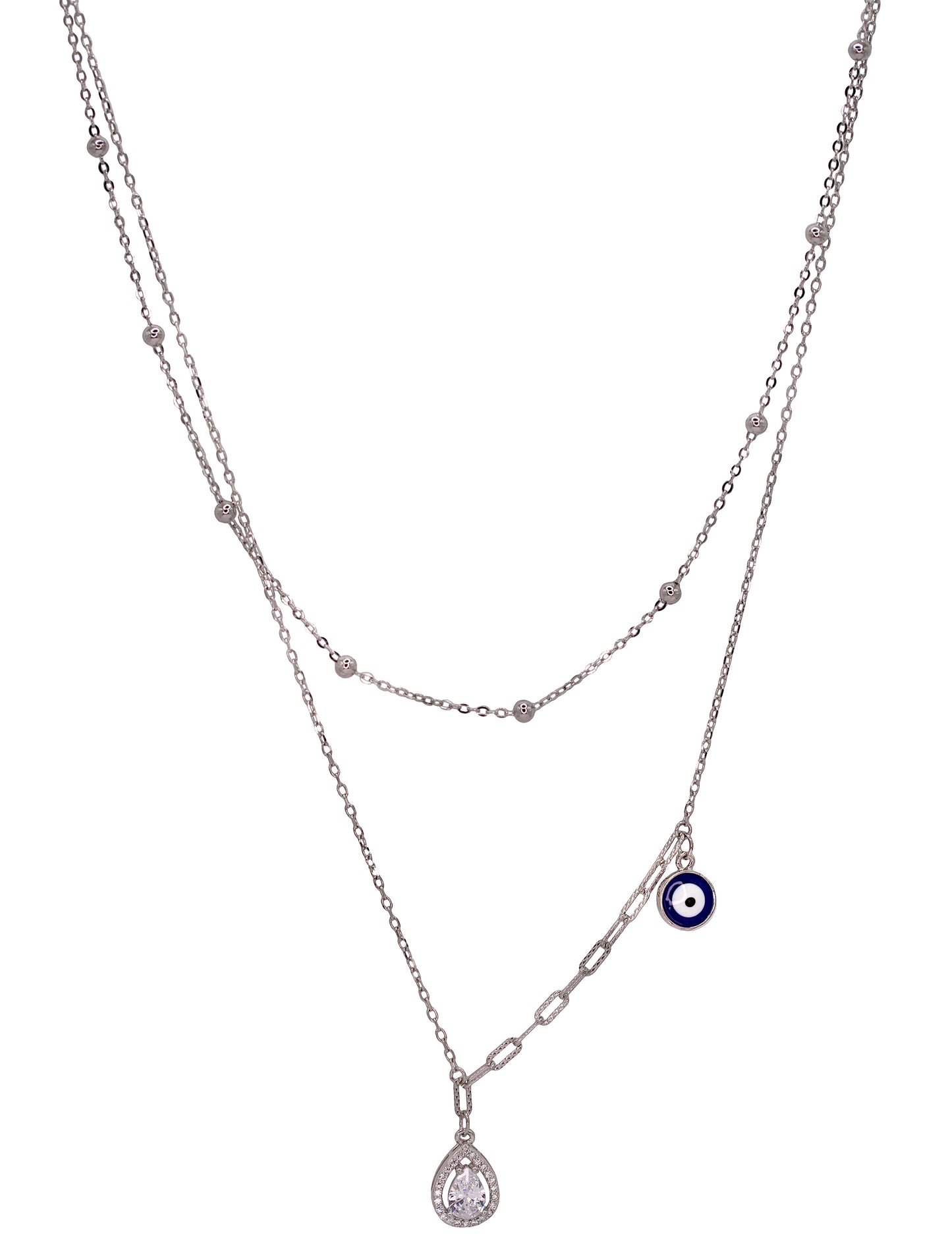 925 Sterling Silver Evil Eye & Teardrop double Layered Necklace with CZ Stones & Silver Beads