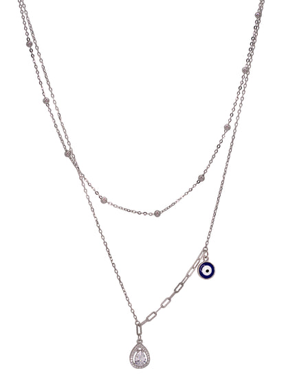 925 Sterling Silver Evil Eye & Teardrop double Layered Necklace with CZ Stones & Silver Beads
