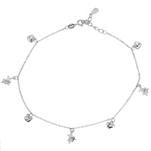 925 Sterling Silver Star & Heart Charm Anklet with Sparkling Zircon – Elegant Adjustable Chain