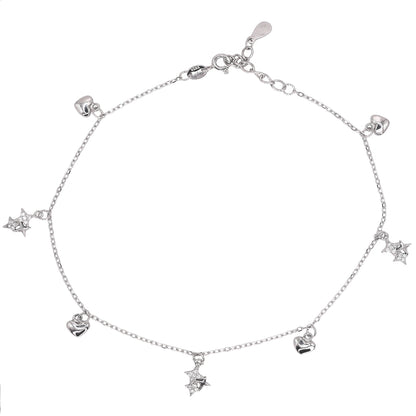 925 Sterling Silver Star & Heart Charm Anklet with Sparkling Zircon – Elegant Adjustable Chain