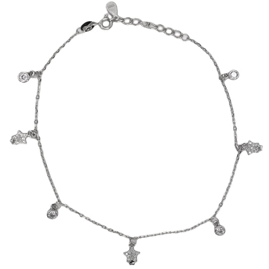 925 Sterling Silver Star & Solitaire Charm Anklet – Adjustable Chain Foot Jewelry for Women