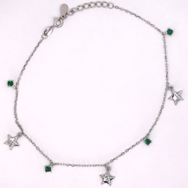 925 Sterling Silver Star Charm Anklet with Colored Stones – Elegant Minimal Jewelry for Women ( single)
