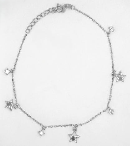 925 Sterling Silver Star Charm Anklet with Colored Stones – Elegant Minimal Jewelry for Women ( single)