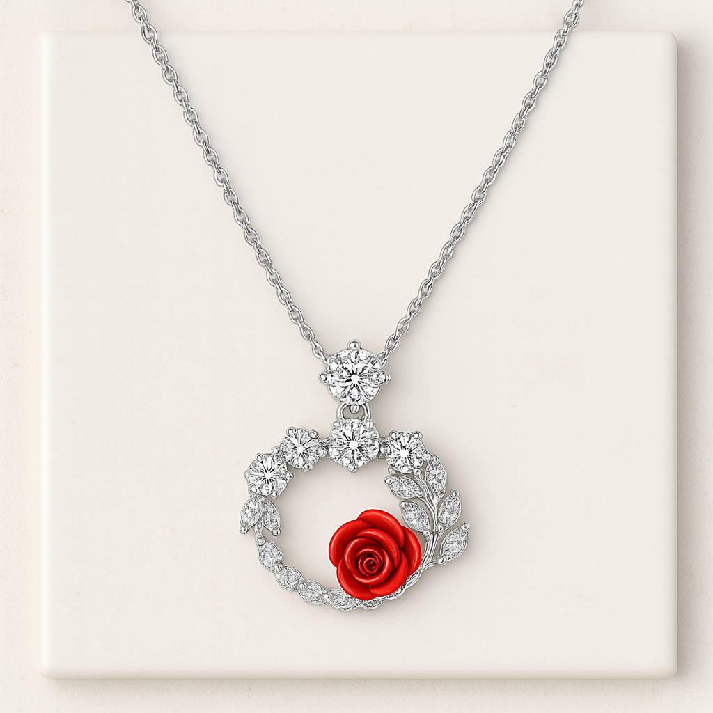 925 Sterling Silver Red Rose Pendant Necklace with CZ Floral Wreath Design