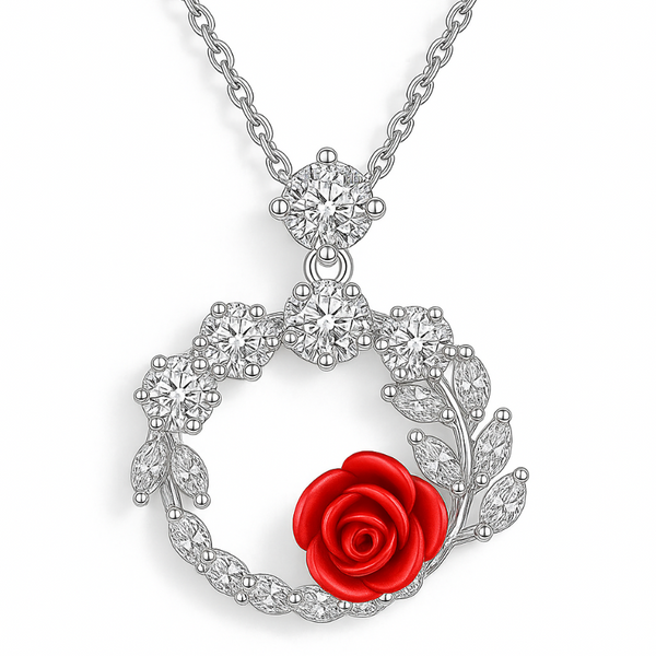 925 Sterling Silver Red Rose Pendant Necklace with CZ Floral Wreath Design