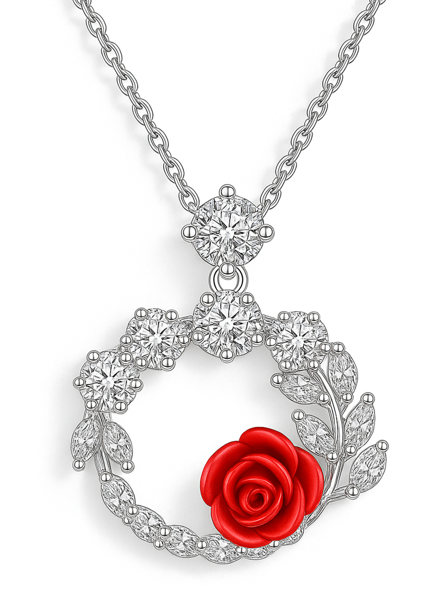 925 Sterling Silver Red Rose Pendant Necklace with CZ Floral Wreath Design