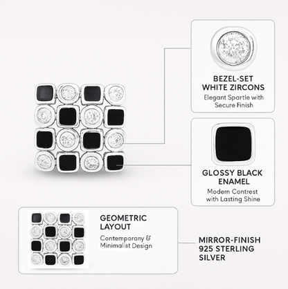 925 Silver Mosaic Stud Earrings with Black Enamel & CZ Accents