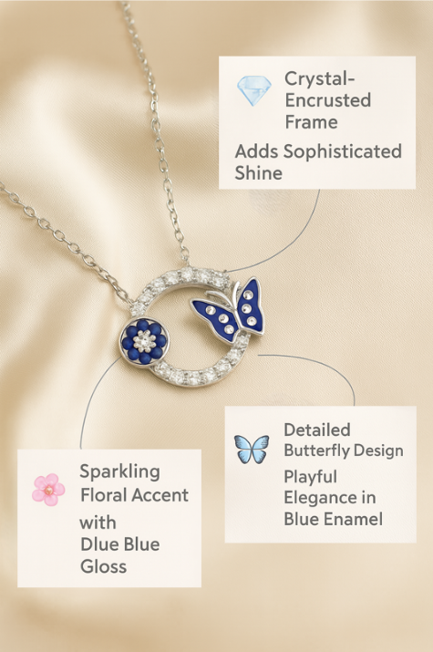 925 Sterling Silver Blue Enamel Butterfly & Floral Charm Necklace