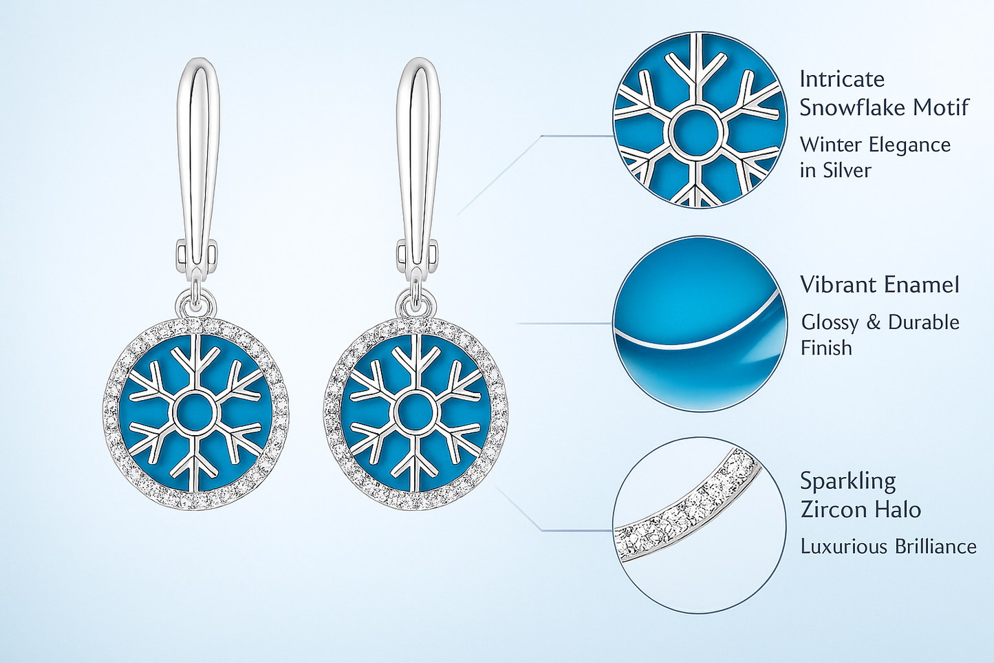 925 Silver Snowflake Drop Earrings with Blue Enamel & CZ Halo