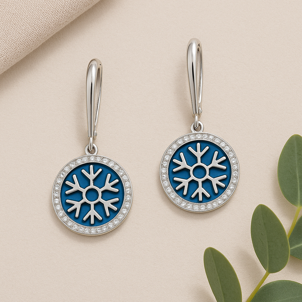 925 Silver Snowflake Drop Earrings with Blue Enamel & CZ Halo
