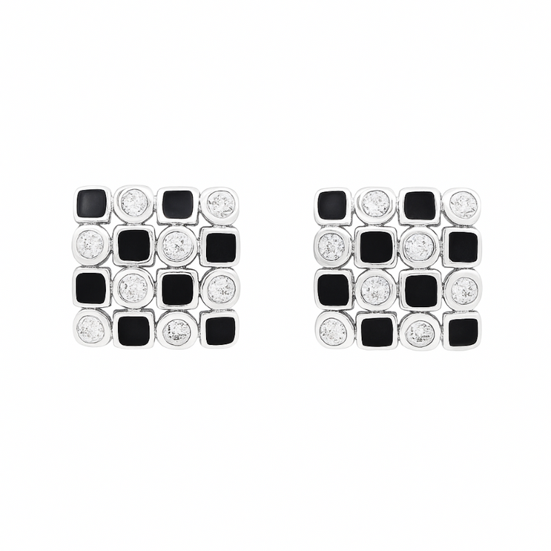 925 Silver Mosaic Stud Earrings with Black Enamel & CZ Accents