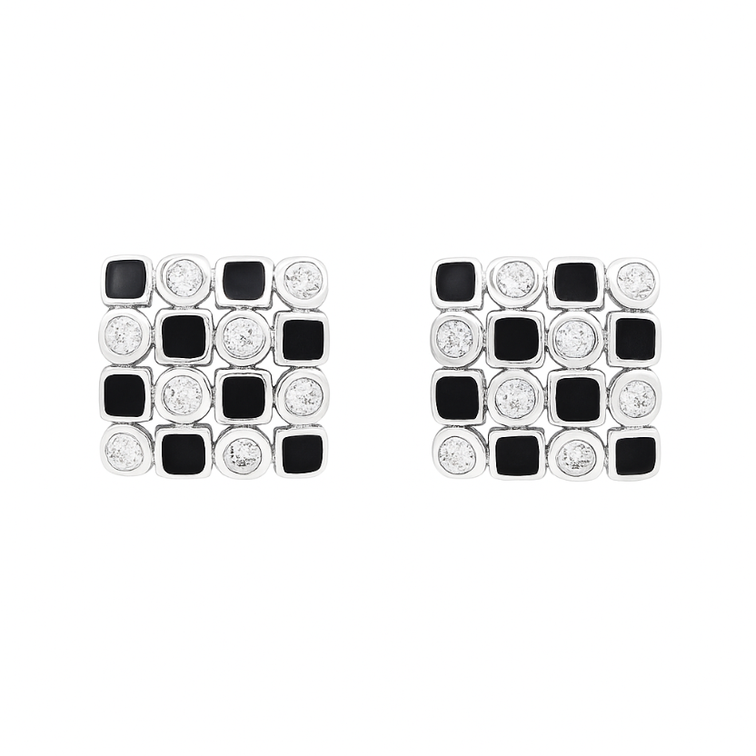 925 Silver Mosaic Stud Earrings with Black Enamel & CZ Accents